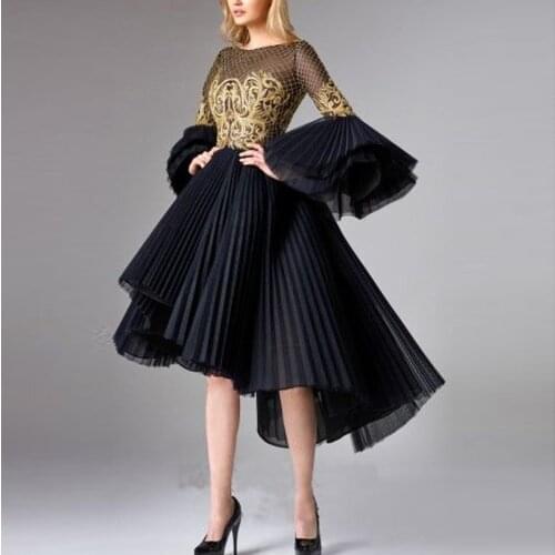High Low Short Evening Gown Formal Dress 2020 Black Robe de soiree Gold Lace Pleated Tulle Chic Prom Party Dresses Abendkleider
