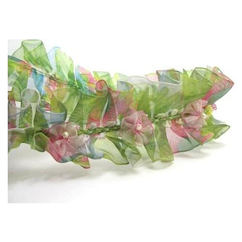 Pleated Trim|w Rococo Flower Trim|1 1/2 Inches Pleated Ombre Printed Chiffon Trim|Organza Chiffon Trim|Retro Handmade Supplies