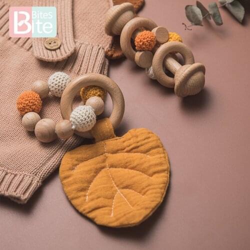 1set Baby Teether Toys Cotton Leaves BPA Free Wooden Ring Rattle Teething Pendants Baby Play Gym Toy Childrens Good Nurse Gifts