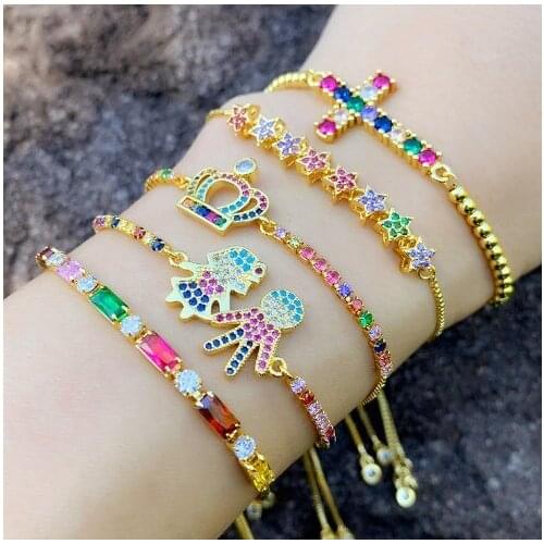 Cross boy girl Crown multicolor crystal micro pave cz zircon cubic zirconia Bracelet Adjustable silicone Snake Chain Jewelry s2