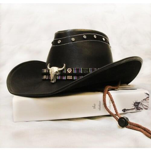 Retro Bull Head Totem Unisex Women Men PU Leather Roll Up Wide Brim Sombrero Sun Cap Beach Cowboy Cowgirl Western Hat 58cm