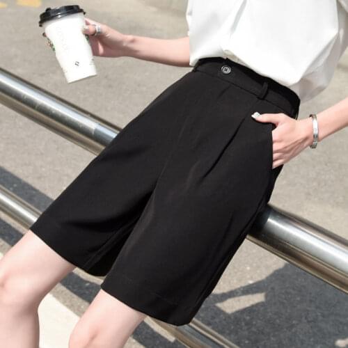 Women Summer Shorts 2021 High Waist Loose Female Loose Black Classic Knee-Length Office Wide Womens Shorts Femme Y443