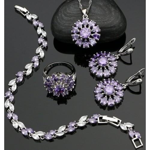 925 Silver Bridal Wedding Jewelry Sets Purple Cubic Zirconia Flower Drop Earrings Pendant Ring Bracelet Necklace Set