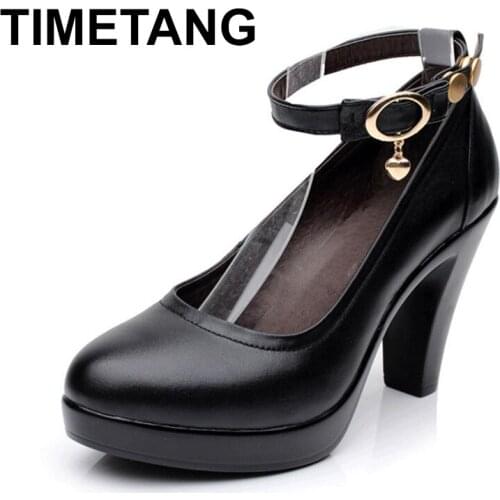 TIMETANGQuality Womens Genuine Leather Ankle Buckle High Heels Shoes 2019 Thick Heel Platform Pumps Women Office Work ShoeE1264