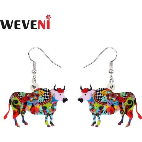 WEVENI Acrylic Floral Cute Cattle Bull Earrings Big Long Drop Dangle Fashion Animals Jewelry Charms For Women Girls Unique Gift