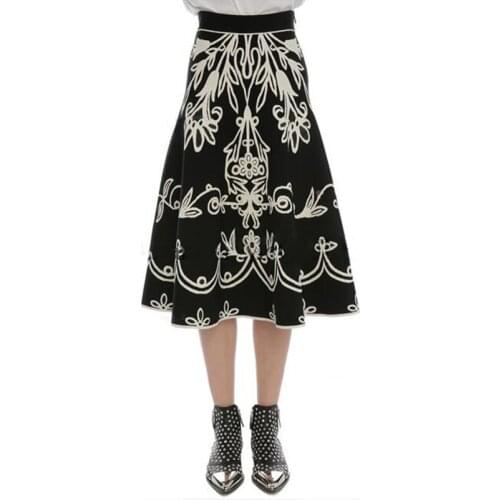 Woman print skirts Indie folk zipper up waist cool elegant skirt for ladies femme jupes midi skirt vrouw rokken black color