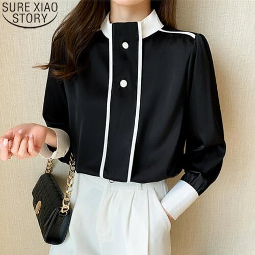 2021 New Office Lady Spring Bllouse Pullover Chiffon Shirt Women Long Sleeve Black Tops Button Blusas Stand Collar Blouses 13076