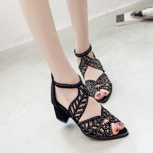 2021 New Sandals Womens Summer Hollow Thick Heel Imitation Leather Rhinestone Thick Heel Zipper High Heels Large Size 41