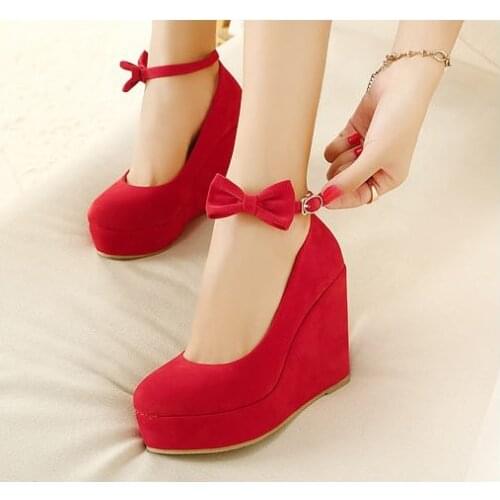 EU33-43!Women High Heels Shoes Plus Size Platform Wedges Female Pumps Elegant Flock Buckle Bowtie Ankle Strap Party Wedding Shoe