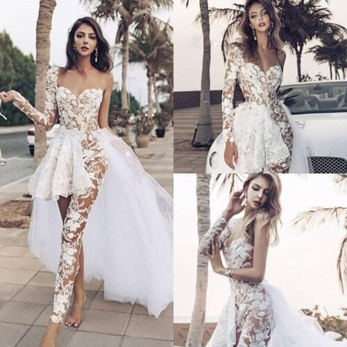 2020 Western Country Wedding Jumpsuits With Detachable Train Lace Appliqued Sweetheart Long Sleeve Boho Wedding Dress Vestidos D