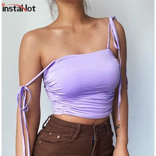 InstaHot Lace Up Camis Sexy Ruched Cropped Top Summer Solid Purple Casual Women 2021 Camisole Streetwear Party Slim Bustier Top