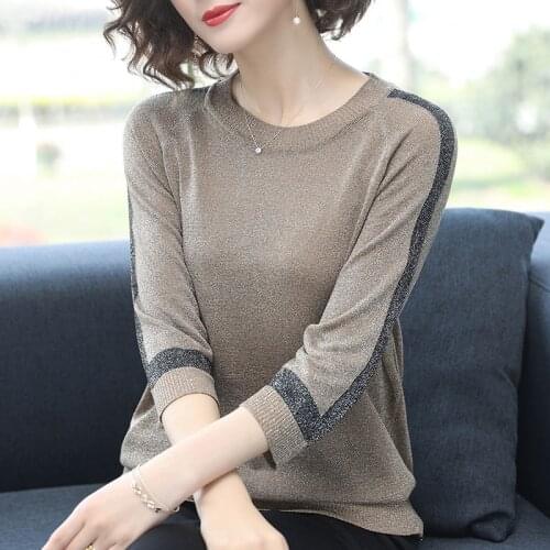 Women Spring Autumn Pullover Sweater Lady Casual V-Neck Half Sleeve Loose Knitted Pullover Tops Sweater