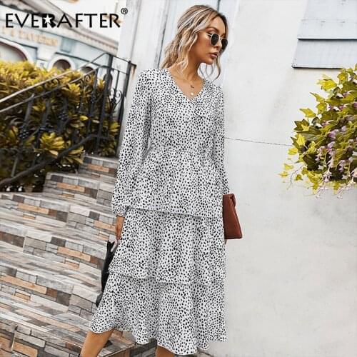 EVERAFTER Elegant Leopard autumn winter dress V-neck ruffles high waist long sleeve dot white dress casual female midi dresses