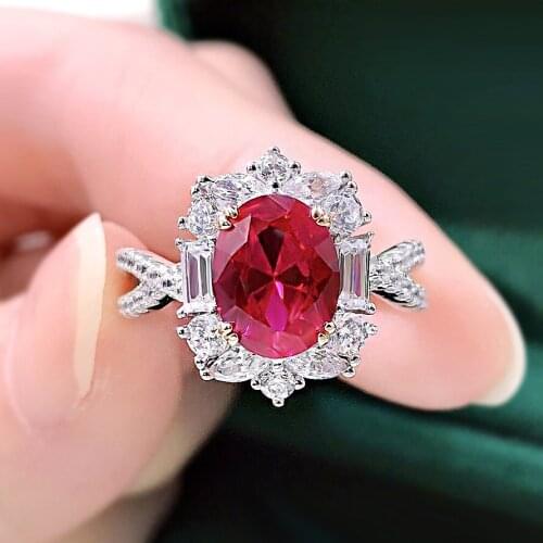 2021 Luxury 925 Sterling Silver Oval Cut 7*9mm Ruby High Carbon Diamond Engagement Ring For Women Bridal Anniversary Jewelry