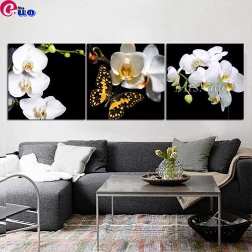 5D Diamond Painting White Orchid Black Background Triptych Diamond Embroidery Flower Cross Stitch Mosaic Home Decoration 3Pcs
