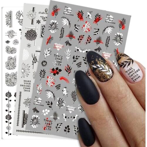 1pcs Black White Leaves Flower 3D Nail Sticker Geometric Alphabet Butterfly Adhesive Transfer Sliders Manicure Wraps LYF742-751