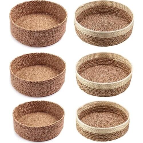 68UE Round Hand-woven Desktop Storage Basket Creative Organizer Plate Food Serving Tray Arrangement Platter Retro Classic