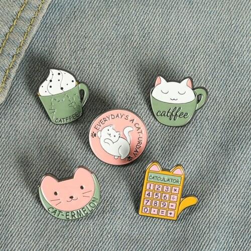 Sweet Cup Coffee Cat Enamel Pins Custom Cat Bunny Cake Brooches Shirt Lapel Badge Bag Cartoon Jewelry Gift for Kids