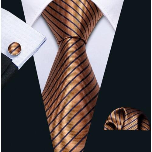 Men Tie Gold Striped Necktie Gravat Handkerchief Set Silk Ties For Men Wedding Gift Party Business Barry.Wang Designer FA-5238