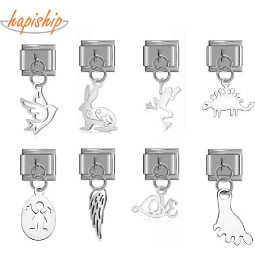 Hapiship Original Daisy Wing Birds Dinosaur Love Frog Girl Italian Charm Fit 9mm Bracelet Stainless Steel Jewelry Making DJTop70