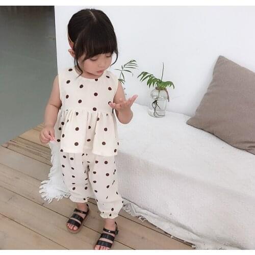 Polka dot girls clothing set summer sleeveless toddler baby tops+pants suit cozy chiffon princess outfits children clothes 1-5T