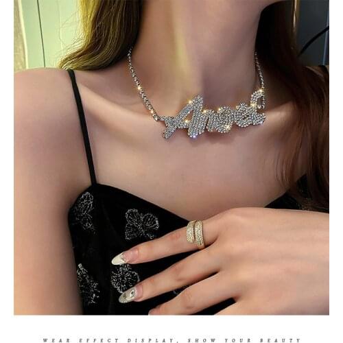 European and American exaggerated fashion personality jewelry full of rhinestones English alphabet chain short choker necklace
