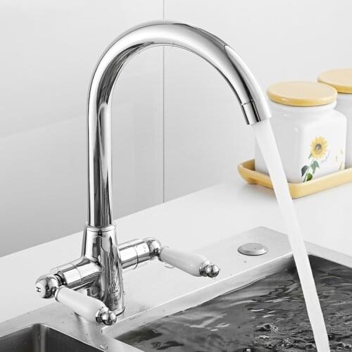 Kitchen Faucet Traditional Sink Taps Dual Lever Handle 360 Degree Swivel Spout Mixer Valve Tap Brass Body Hot Code Water Faucets