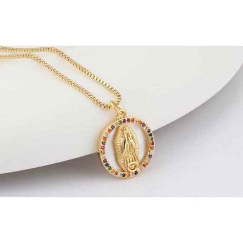 Copper Vintage Carved Coin Necklace For Women Fashion Gold Color Shell Virgin Mary Pendant Long Necklaces Boho Jewelry Box Chain