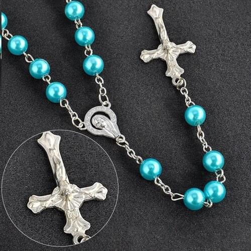 Round Imitation Pearl Long Chain Necklace Orthodox Rosary Cross Jesus Religious Praying Jewelry Gift Six Styles