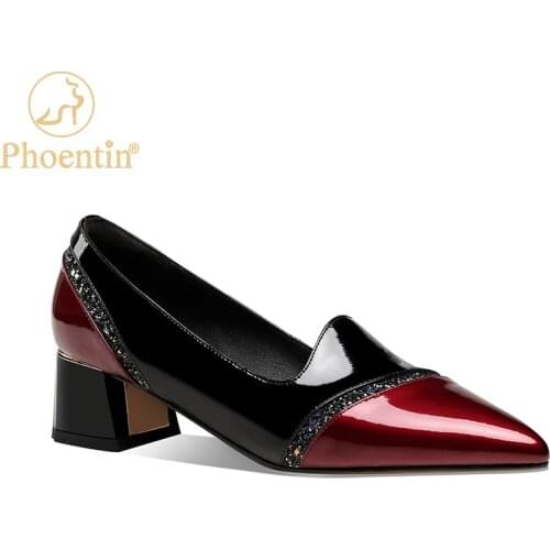 Phoentin Women Shoes Medium Heel Mixed Colors Bling Kawaii Shoes Pointed Toe Pumps Ladies Real Leather Plus Size 2021 New FT1377