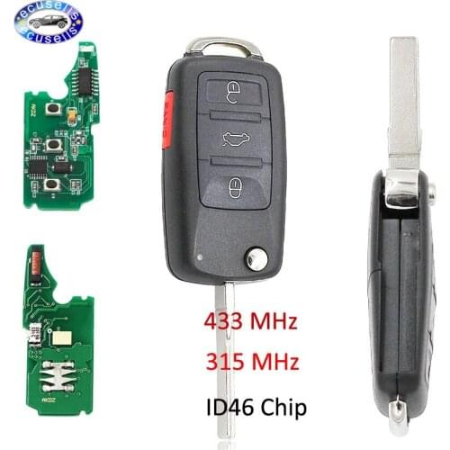 4 Buttons 315MHz/433MHz Keyless Fob 3+1 Buttons Flip Remote Key for VW Touareg 2002-2010 with ID46 Chip