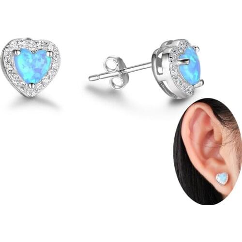 Fashion Heart Blue Opal Cubic Zirconia Stud Earring 925 Sterling Silver Plated 18K White Gold Gift For Women