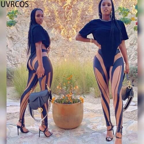 UVRCOS Summer Striped Print Sexy Long Trousers High Waist Stretch Bar Midnight Club Leggings Impressos Hipster Skinny Pantalones