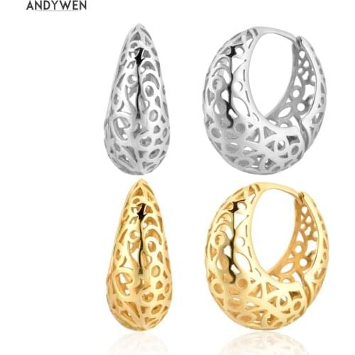 ANDYWEN 925 Sterling Silver Gold Openwork Big Hoops Piercing Clips Earring Rock Punk Wedding Gift Circle Party Luxury Loops