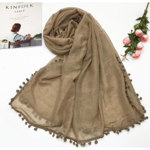 10pcs/lot Hot Sale Pom Pom Plain Solid Color Women Plain Maxi Scarf Shawls Hijabs Muslim Wome Scarves Warp Muffler