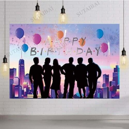 Friends Themed Backdrop for 80s 90s Friends Birthday Party Photography Background Colorful Balloon Purple City Poster Banner