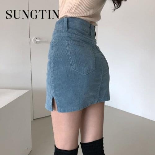Sungtin Korea Vintage Corduroy Mini Skirt Women Split High Waist Bodycon Skirt Female Sexy Short Skirt with Shorts Underneath