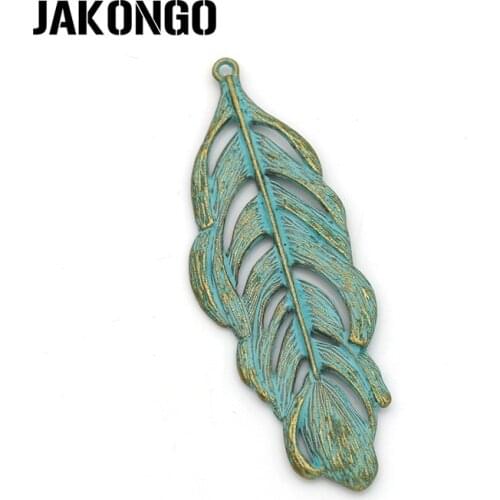 JAKONGO Vintage Green Color Feather Charms Pendants for Jewelry Making Bracelet Earrings DIY Handmade Craft 73x25mm 2pcs/lot
