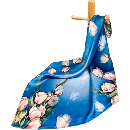 High-quality Pure Silk Scarf Women Bandana Female Hair Scarf Flower Womens Natural Silk Square Neck Head Scarf for Women Tulip