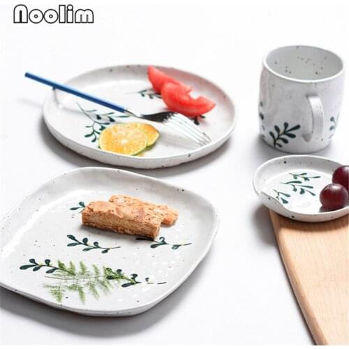 Japanese Ceramic Retro Hand Painted Green Leaves Dinner Plates Tableware Coffee Mug Breakfast Cup Sauce Fruit Dish Sushi Plate