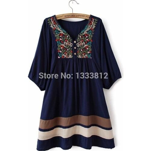 2021 Women Summer Embroidered Ethnic style stitching loose half sleeve female Cotton Long Blouse Blusas Femme