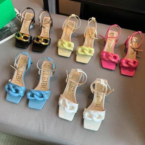 Metal Chain Women Sandals Open Toe Candy Color 2021 Summer New Roman Style Thick High Heels Ankle Strap Elegant Pumps Shoes