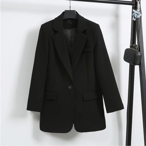Single Button Black suit Lady Fashion Blazers 2021 autumn spring Slim Korean style loose Mid-Length casual Cotton women jacket