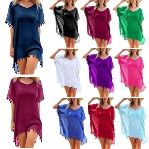 2019 Women Solid Summer Beachwear Holiday Short Sleeve O Neck Casaul Bikini Beach Wear Cover Up Tassel Shor Mini Dress