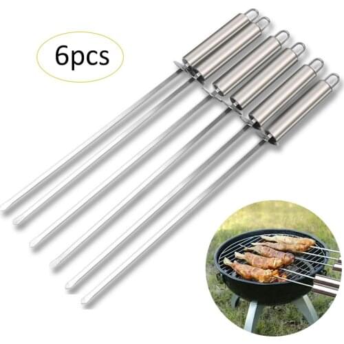 6PCS Stainless Steel BBQ Grill Bar Sticks with Handle Reusable Heatproof handle baking needle Outdoor Camping Barbecue Skewers