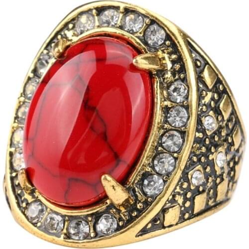 Antique Light Yellow Gold Color Oval Shape Red and Green Turquoises Stone Finger Ring with Rhinestone Jewelry