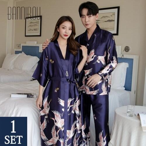 BANNIROU Womens Nightgown Couples Robes Sets Slik Satin Womens Robes Home Suits For Lover Man Woman Sleepshirt Womens pajamas