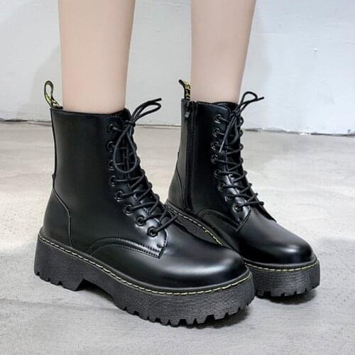 2021 New Motorcycle Women Boots Autumn Fashion Soft Leather Platform Shoes Botas Mujer Wedge Lace Up Ankle Boots for Women Shoes