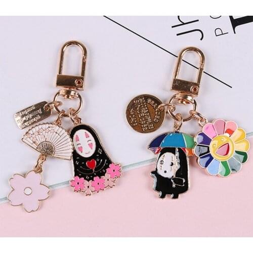 Fashion Spirited Away No Face Man Cartoon Faceless Male Keychains Women Metal Flower Sakura Key Ring Bag Key Chain Gift Jewelry