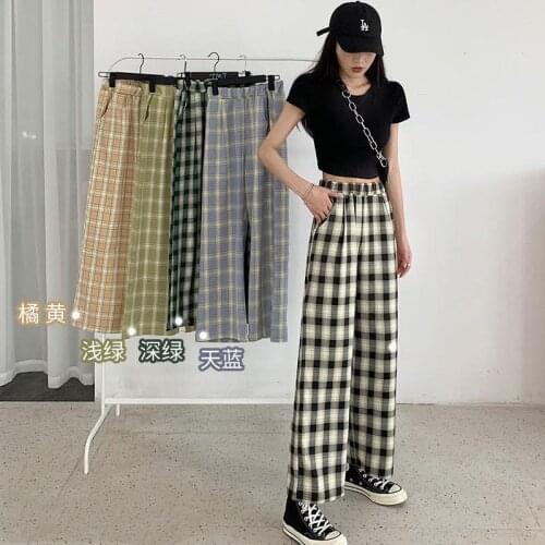 Women Baggy Blue Pants Large Size Wide Leg Plaid Slacks Harem Pants Student Purple Long Flare Trouser jogger clothes vintage new